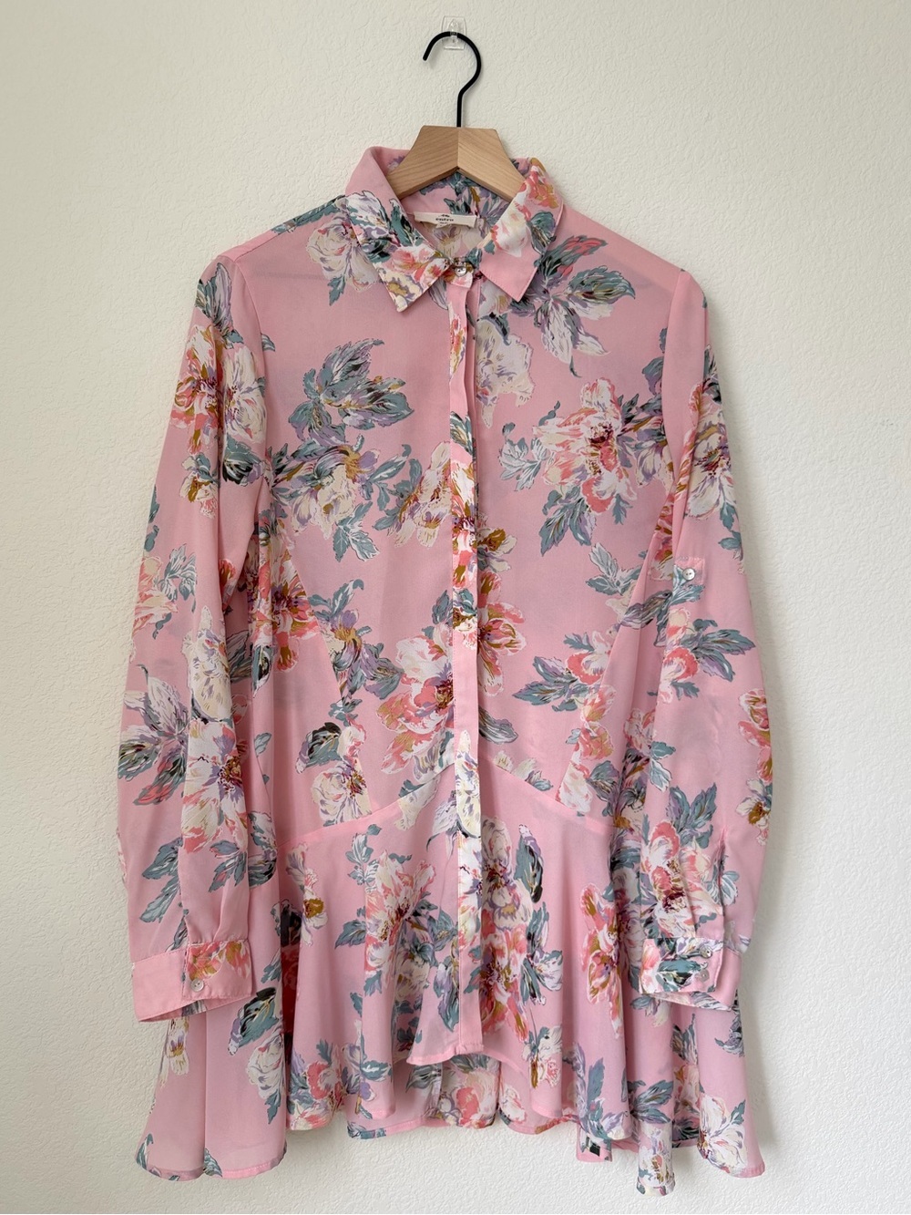 Entro Pink Floral Button Up Long Blouse Shirt Tunic Size L